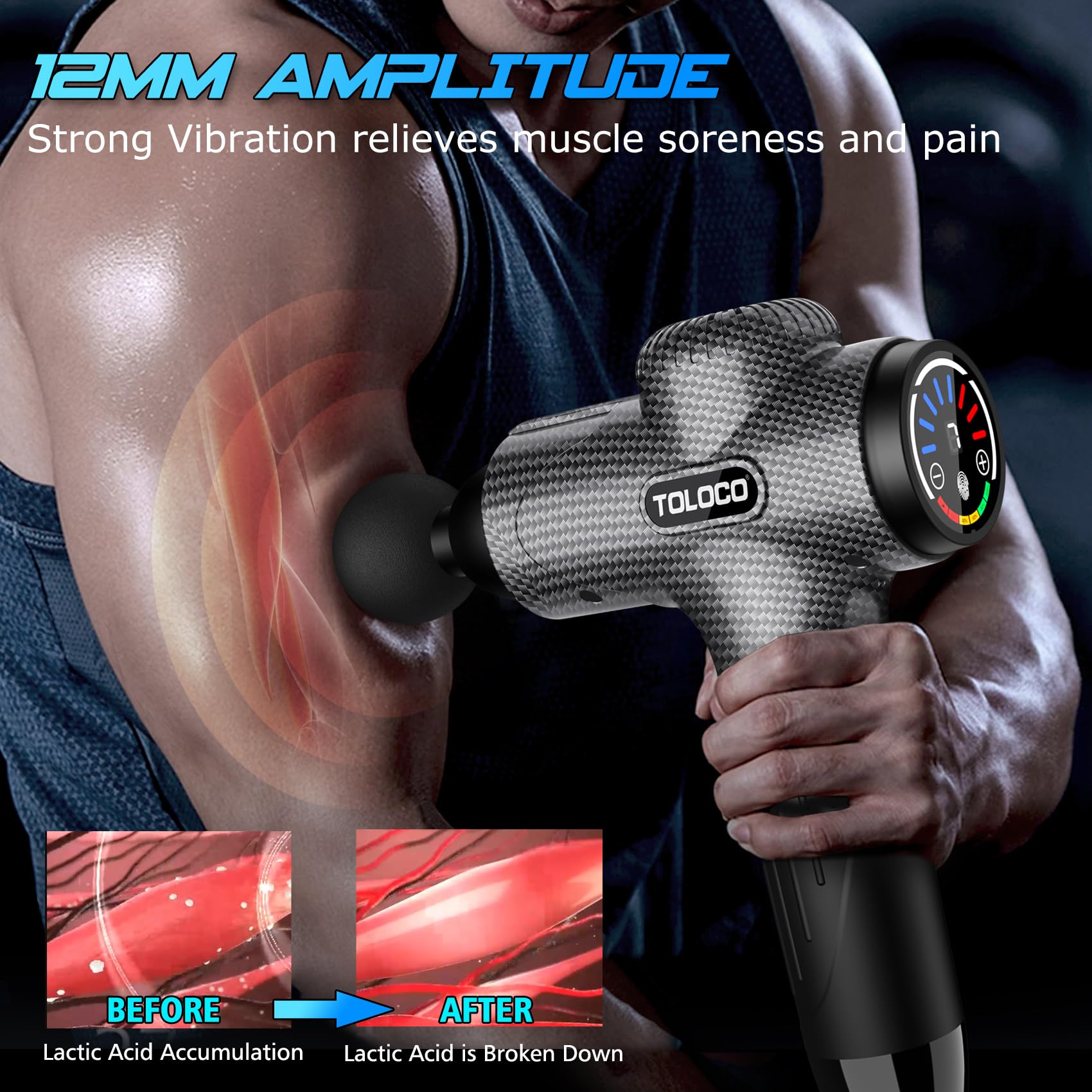 TOLOCO Massage Gun, Back Massager 10 Replacement Head for Pain Relief Deep Tissue, Percussion Massage Guns 7 Speed Level Super Quiet Electric Massager Fathers Day Dad Gifts, Carbon