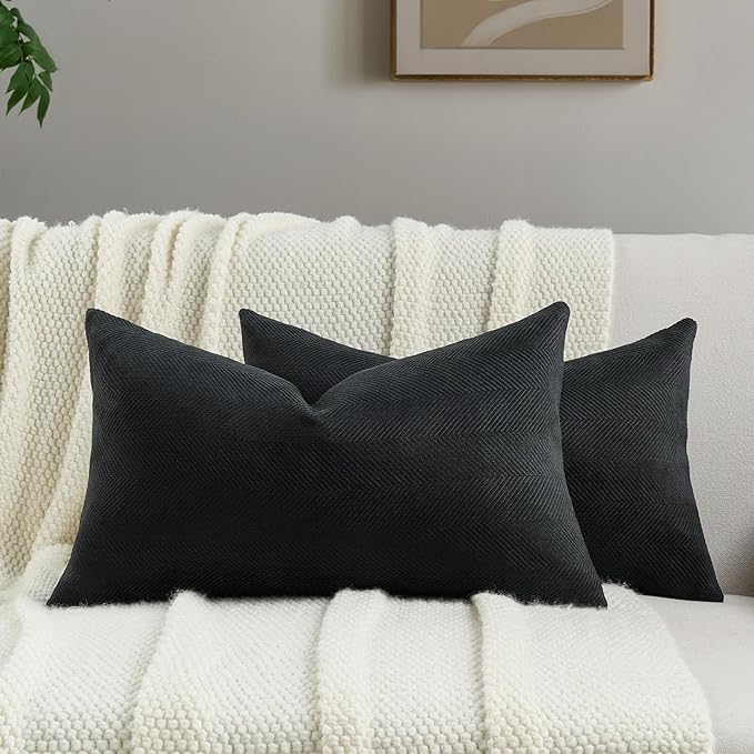 FUTEI Black Chenille Throw Pillow Covers 12x20 Inch Set of 2,Soft Wide Chevron Textured Lumbar Pillow Cases,Farmhouse Home Decor for Couch Bed Living Room