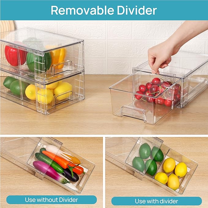 Vtopmart 2 Pack Stackable Storage Drawers,Clear Acrylic Drawer Organizers with Handles, Easily Assemble Containers for Fridge, Bathroom,Kitchen Undersink,Cabinet,Pantry Organization and Storage
