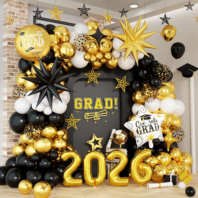 Gold and Black Graduation Balloon Arch Kit 2026, Gold Number 2026 Balloons confetti with Explosion Star Round Congrats Grad Foil Balloon for College High School Class of 2026 Graduation Decorations