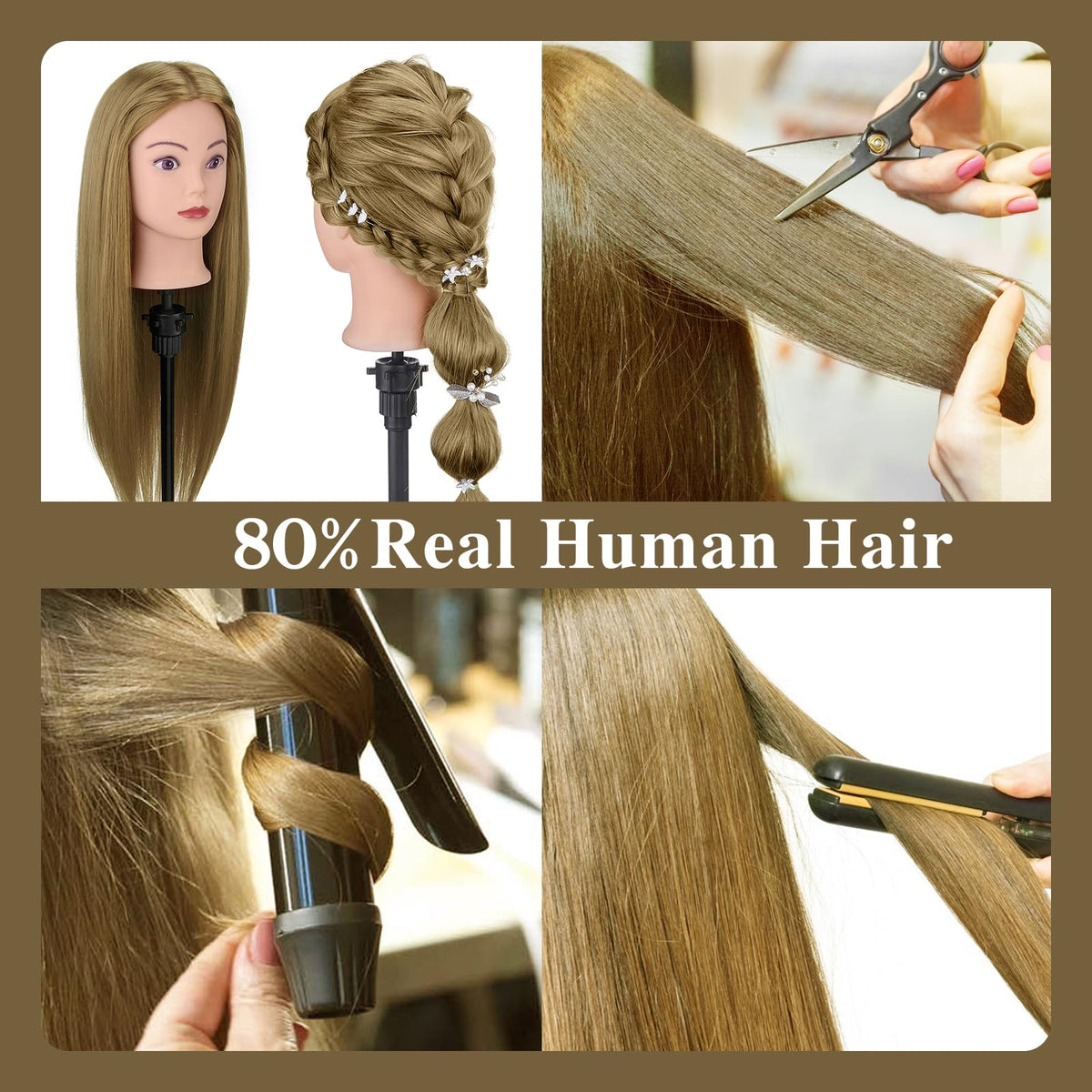 28 Inch Mannequin Head 80% Human Hair with Tripod Stand,Mannequin Cosmetology Manikin Practice Doll Head with stand,Braiding Hairdressing Head for Hair Styling with Table Clamp + DIY Hair Styling Set
