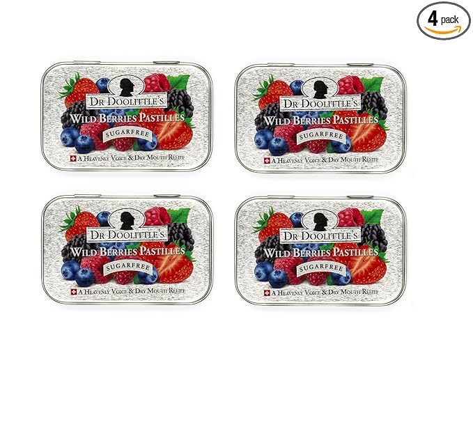 DOOLITTLE Dr Sugar Free Soft Fruit Pastilles for Voice and Throat, Wild Berries Flavor, 2.12 Ounce Tin, Approximately 25 Count Package, 4 Pack