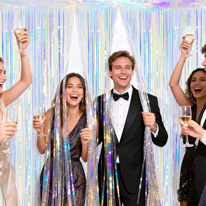 jijAcraft 3 Pack Iridescent Tinsel Foil Fringe Curtain, Holographic Party Photo Backdrop for Mermaid Party Birthday Graduation Engagement Bridal Shower Bachelorette New Year Baby Shower Party Decor