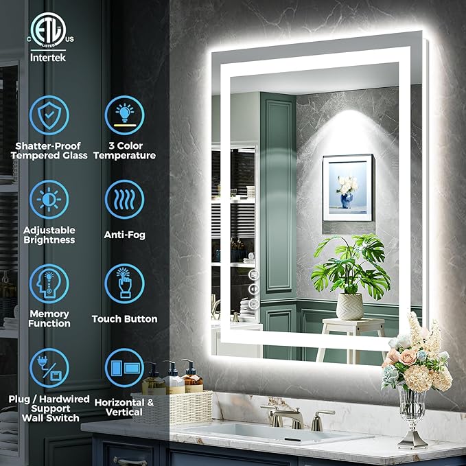 32x36 Inch LED Bathroom Mirror with Lights Front and Backlit Lighted Vanity Mirror for Bathroom Wall with 3 Colors Dimmable Anti-Fog Memory Shatter-Proof IP54 Waterproof Horizontal/Vertical