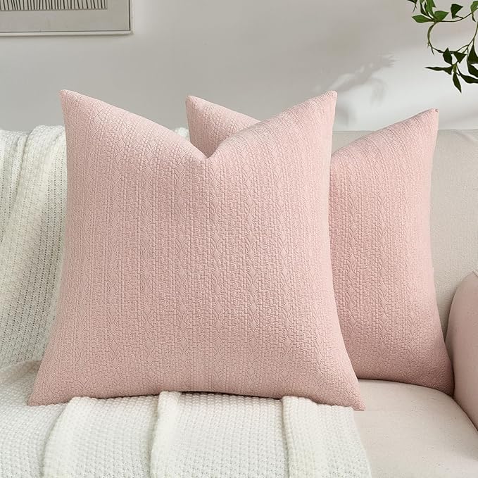 FUTEI Pink Chenille Throw Pillow Covers 20x20 Inch Set of 2,Soft Striped & Diamond Textured Cushion Cases,Modern Home Decor for Couch Living Room