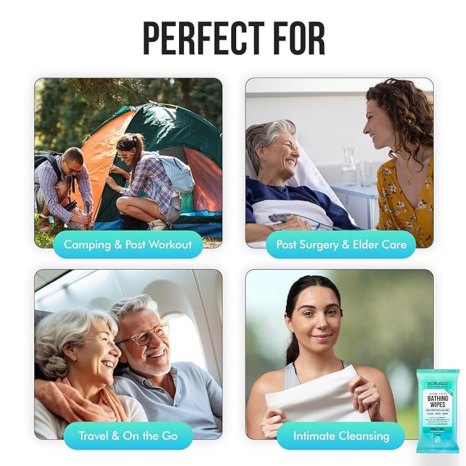 Extra Large Bath Wipes for Adults No Rinse - 40 Disposable Body Cleansing Cloths for Men, Women & Elderly - Great for Gym, Camping, Post Surgery