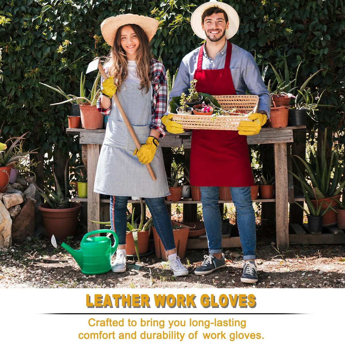 LOCCEF 2 Pairs Leather Work Gloves for Men Women Cowhide Utility (9/L)