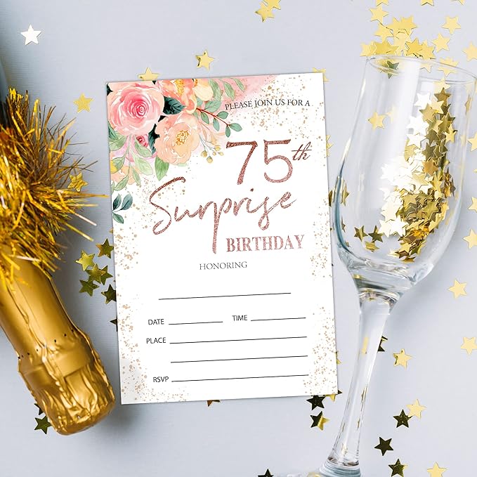 Zodvery Surprise 75th Birthday Party Invitations Cards - 75 Years old Rose Floral Pink Theme Party Supplies for Adult, Woman or Man - 20 Fill in Birthday Party Invitations and 20 Envelopes set/65