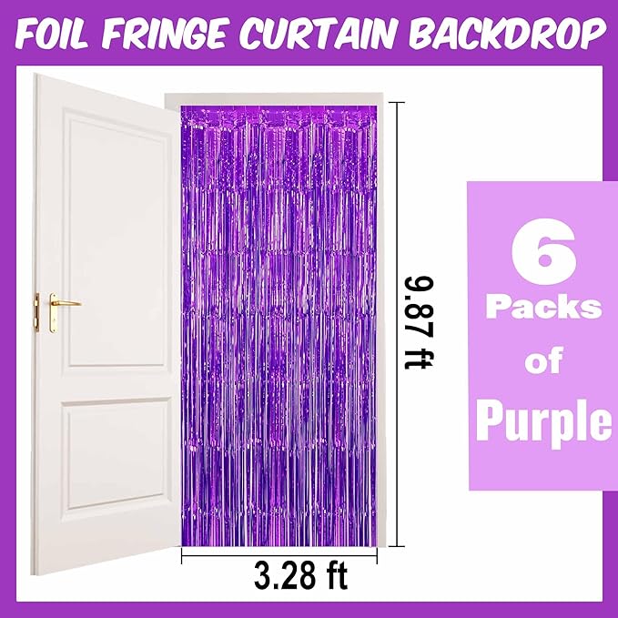 6 Pack Purple Foil Fringe Curtains Backdrop, 3.28 x 9.8 Ft Metallic Streamers Tinsel Curtains Background for Photo Booth, Birthday, Halloween, Christmas, Thanksgiving, New Year Party Decorations