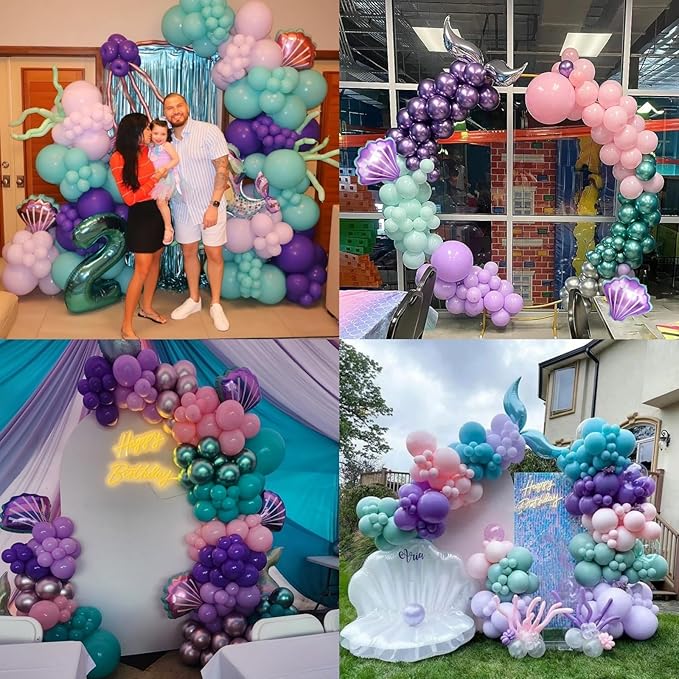 2nd Mermaid Birthday Decorations for Girls,2nd Party Decorations Metallic Purple Green Pink Blue Latex Balloons Number 2 Seashell Foil Balloons Banner Cake Topper Sea Party Decor