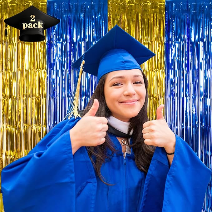 LOLStar Graduation Party Decoration, 2 Pack Blue and Gold 3.3x6.6 ft Foil Fringe Curtains, Tinsel Backdrop, Graduation Photo Booth Prop Streamer Backdrop for Class of 2026, Prom and Grad Party Decor