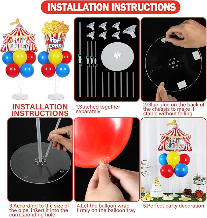 4 Sets Carnival Circus Party Balloons Stand Kit with Circus Tent Popcorn Foil Balloons Plim Theme Party Ball Balloon Centerpiece for Tables for Carnival Themed Birthday Baby Shower Decoration