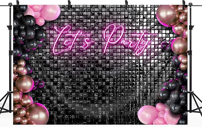 Riyidecor Let's Party Backdrop Modern Disco 80s Black Neon Pink Plaid Checkered Balloons Fashion Shinning Groovy 7Wx5H Feet Girls Photography Background Birthday Photo Studio Shoot Polyester Fabric