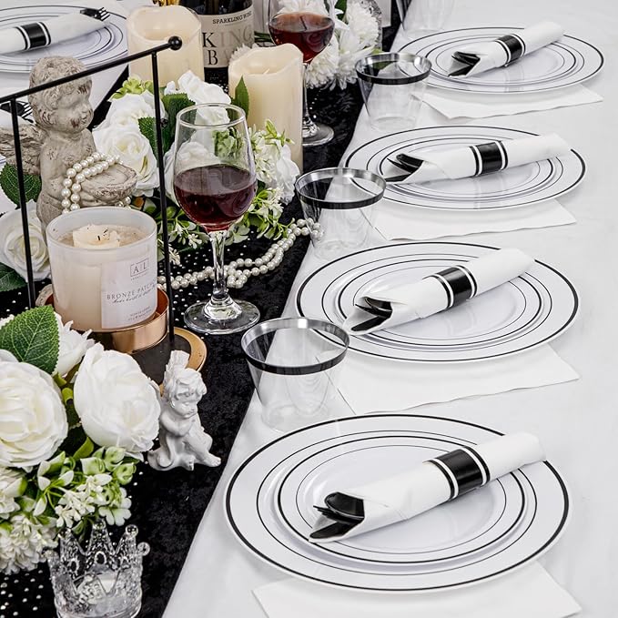 WELLIFE 350Pcs Black Plastic Dinnerware with Pre Rolled Napkins, Include:50 Dinner Plates, 50 Dessert Plates, 50 Paper Napkins, 50 Cups, 150 Plastic Cutlery