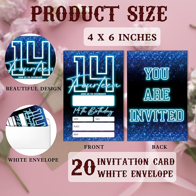 SIXEIGHT Blue 14th Birthday Invitations for Boys, Neon Glow Party Invitations for Girls Kids, 20 Pack Double Sided Invite Cards with Envelopes, 14th Glow Neon Birthday Party Decorations, 4x6 Inch-C47