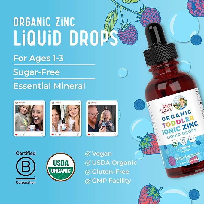 MaryRuth Organics USDA Toddler Liquid Drops | Zinc Sulfate | Immune Support Supplement| Skin Health | Vegan | Formulated for Ages 1-3 | Delicious Berry Flavor | 1 Month Supply | 2 Fl Oz