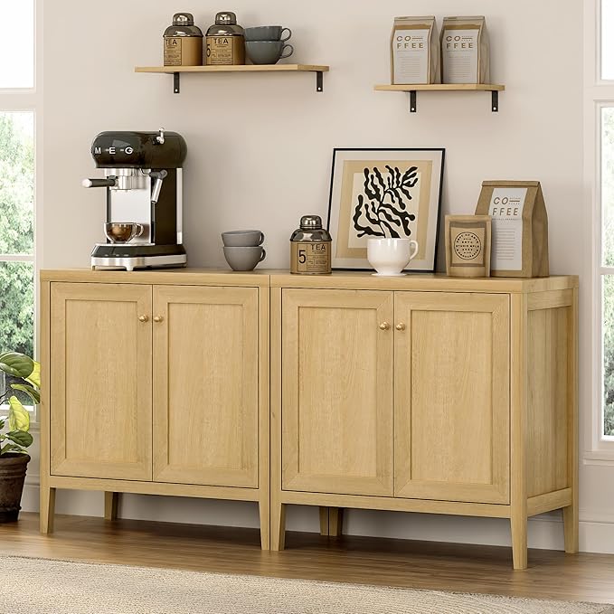 63" Large Buffet Cabinets Set of 2, Farmhouse Sideboard Cabinet with Storage, Accent Credenza Cabinet, Wood Kitchen Cabinets, Coffee Bar Console Table for Living, Dining Room, Natural Oak