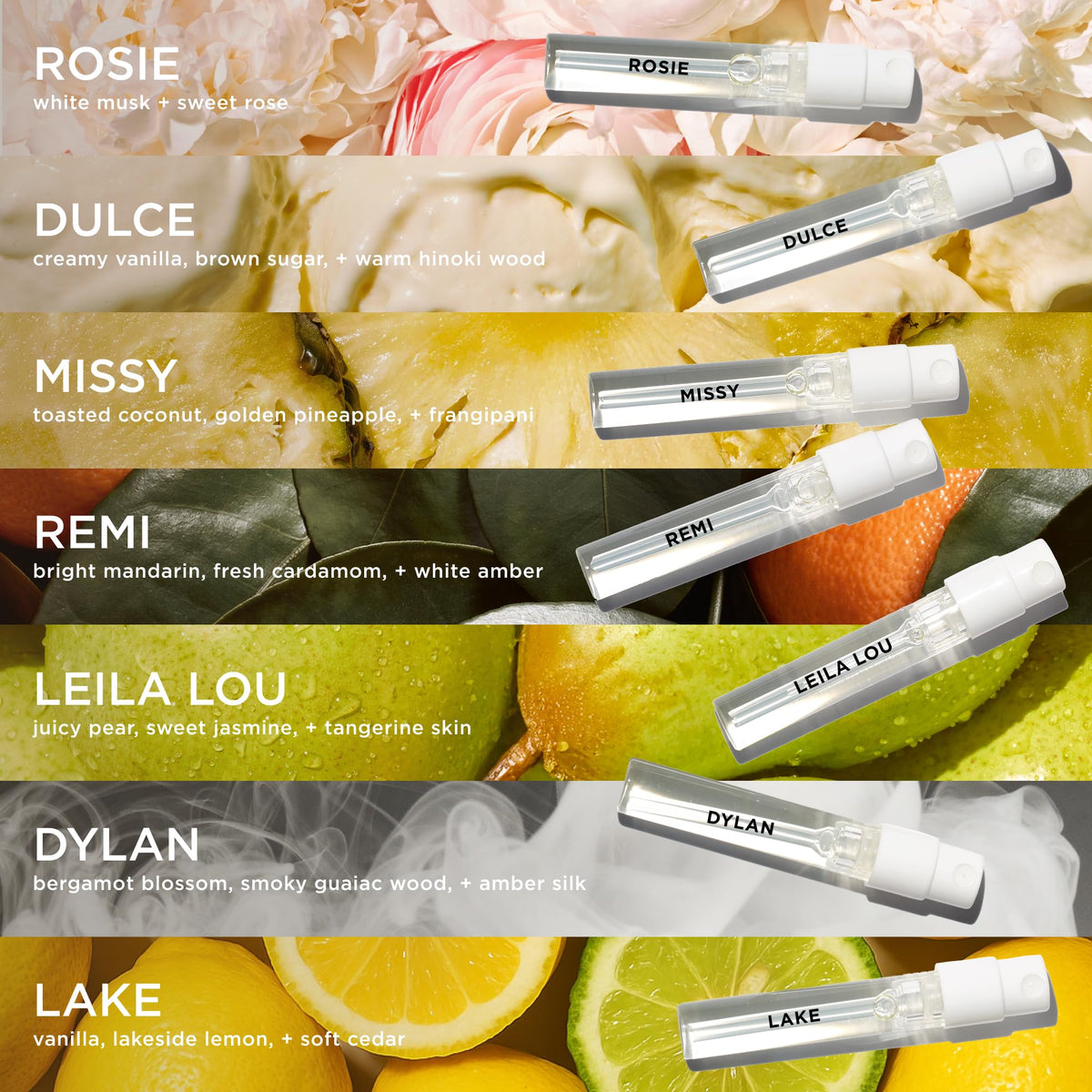 By Rosie Jane Discovery Perfume Set - 7 Piece Travel Size Perfume Set - Gift Set Includes Scents Rosie, Dulce, Missy, Remi, Leila Lou, Dylan & Lake - Clean Perfume for Women (7 Count)