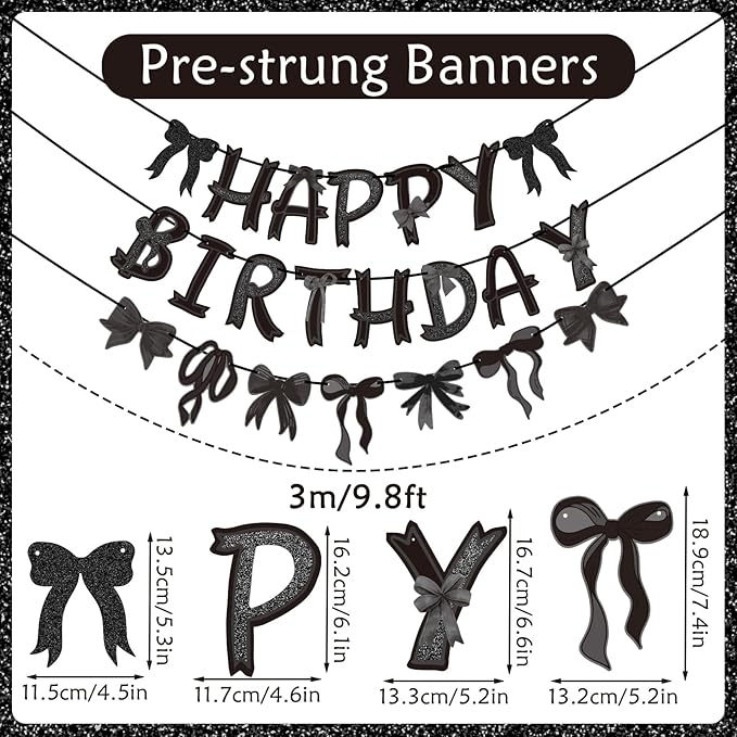 Pre-strung Black Bow Birthday Decorations, Black Coquette Party Decorations, Bow Party Supplies Include Happy Birthday Banner, Bow Garland Banner for Girls