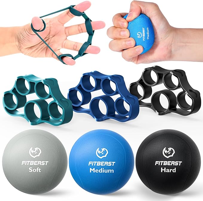 FitBeast Grip Strength Trainer – 6 Pieces Hand Therapy Kit with Finger Extension Exerciser & Stress Balls for Adults, Rehab & Strength Training – for Men, Women, and Seniors