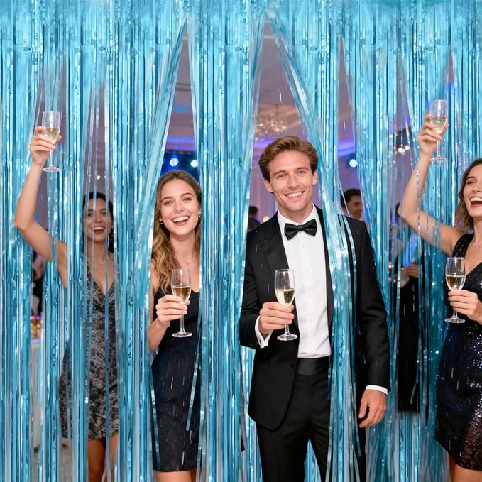 jijAcraft 3 Pack Light Blue Tinsel Foil Fringe Curtain, Party Photo Backdrop, Blue Background for Baby Shower Boy Birthday Ocean Themed Winter Wonderland Wedding Engagement New Year Decorations