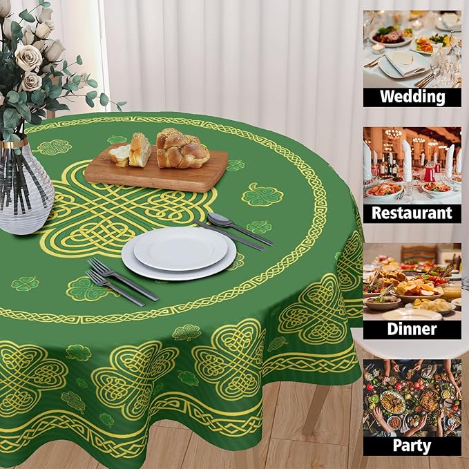 St. Patrick's Day Round Tablecloth 70 Inch Leaf Clover Pattern Circle Table Cloth Green Table Cover Washable Polyester Indoor Decorations for Home Kitchen Dinning Party