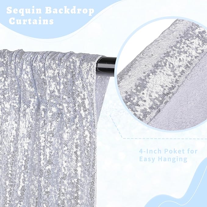 B-COOL Silver Sequin Backdrop Curtains 4 Packs 2ftx8ft Glitter Shimmer Fabric Silver Backdrop Drapes for Wedding Banquet Party Background Decorations
