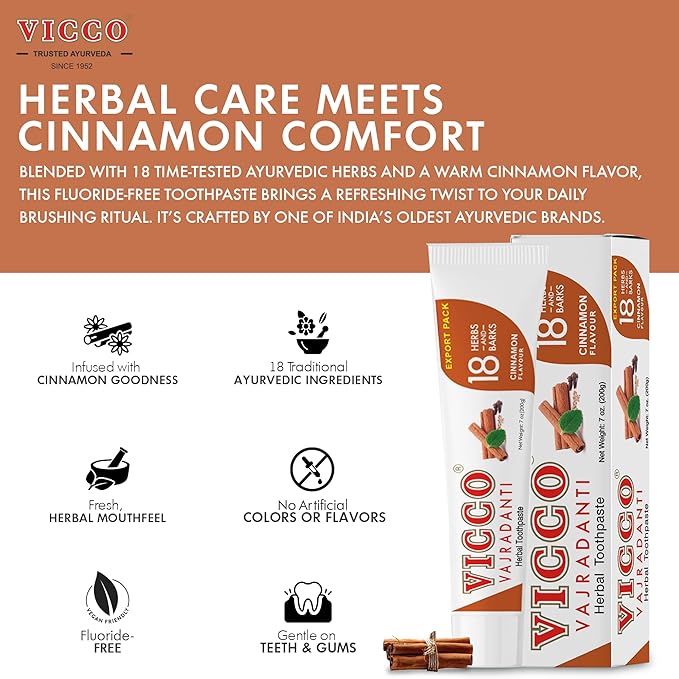 Vicco Vajradanti Ayurvedic Herbal Toothpaste by Vicco – 70 Year Legacy of Ayurveda, Cinnamon Flavour, with 18 Ayurvedic Herbs & Barks, 100% Natural, Vegan, Fluoride-Free & Cruelty-Free – 7 oz (3 Pack)