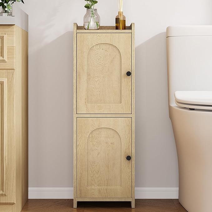 Bathroom Storage Cabinet, Corner Floor Cabinet with 2 Doors and Adjustable Shelf, Narrow Toilet Paper Cabinets, Bathroom Organizer for Small Spaces, 7.9" D x 9.8" W x 29.5" H Yellow