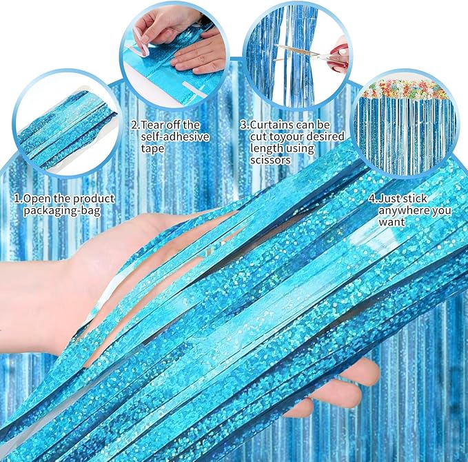 Blue Streamers for Party Decorations - 3 Pack 3.3ft x 8.3ft Tinsel Curtains for Bluey Birthday and Winter Wonderland Occasions