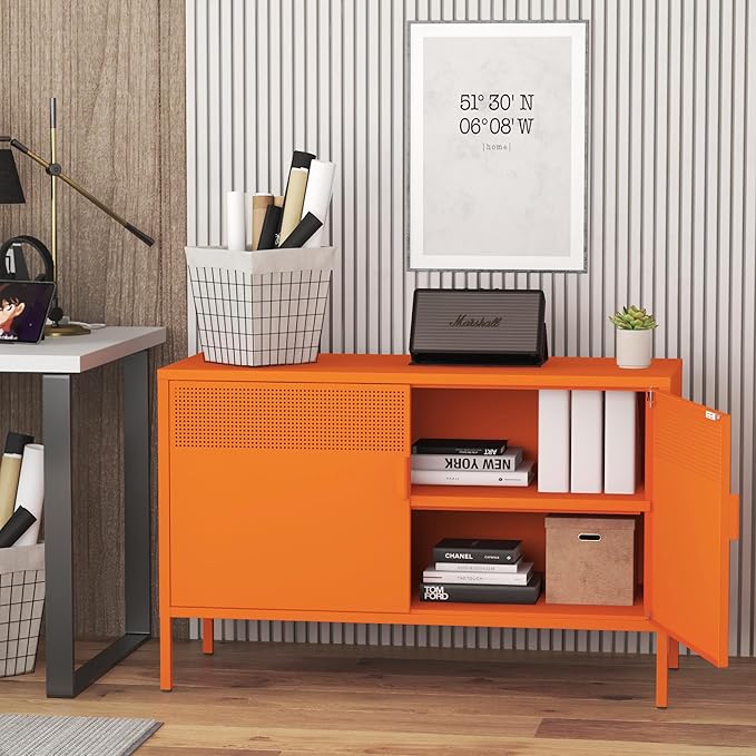 Orange Wide Metal Locker Storage Cabinet, 2 Door Metal Accent Cabinet for Home and Office, 2 Tier Low Metal Cabinet with Doors and Shelf, Multipurpose Metal Tv Stand Cabinet