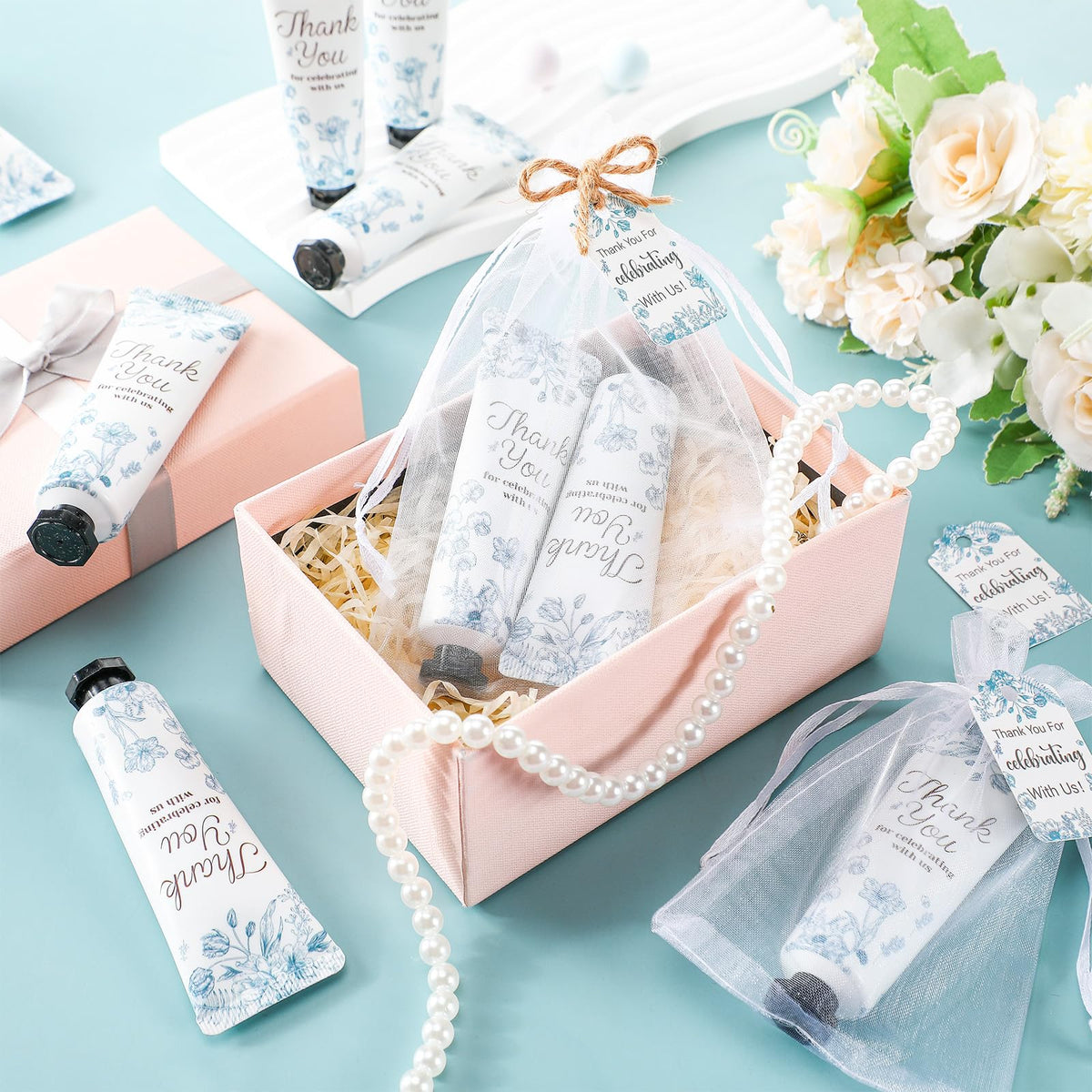 Dansib 48 Sets /144 Pcs Baby Shower Hand Cream Gift Party Favors for Guests Gift Bridal Wedding Thank You Gifts Bulk Mini Travel Size Hand Lotion Set for Guests(Blue Flower)