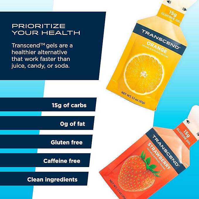Transcend Foods Strawberry + Orange Gels (1.1 oz, Pack of 38) Fast-Acting Carb Gel Strawberry and Orange Flavor – Caffeine Free, Gluten Free