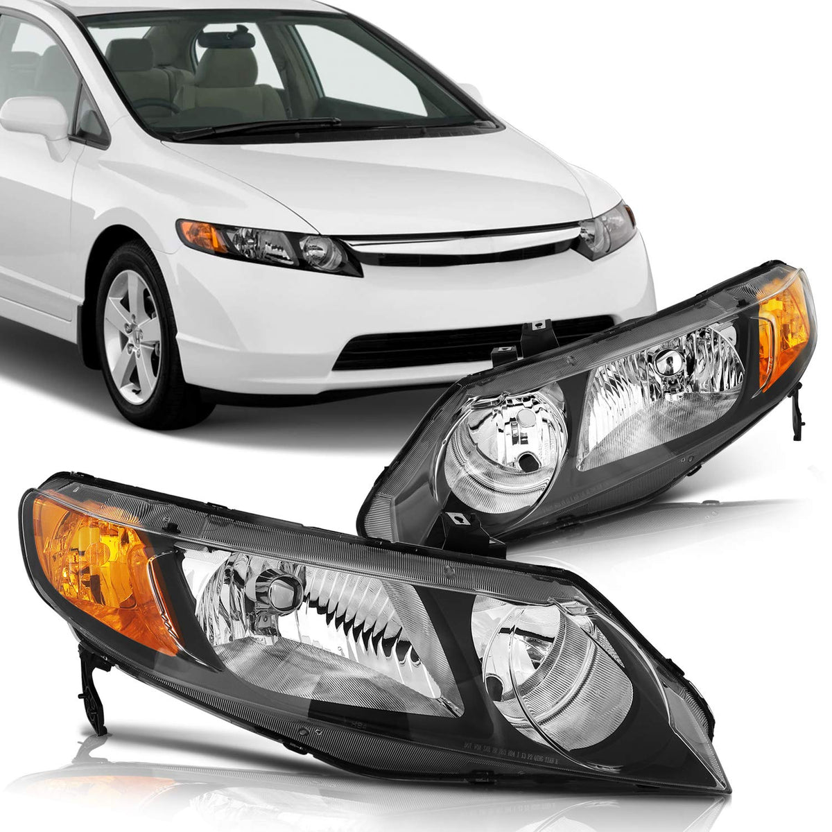 Headlight Assembly Fit For Honda Civic 2006-2011 Black Housing Amber Reflector Clear Lens Driver and Passenger Side 33151SNAA02