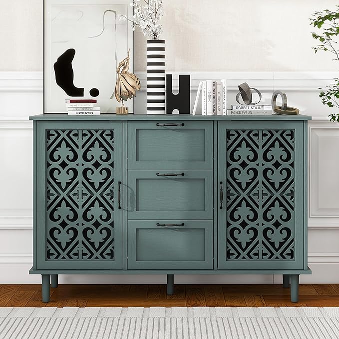 Sideboard Buffet Credenza - Modern 2 Door 3 Drawer Cabinet with Storage, Accent Cabinet with Carved Pattern, Farmhouse Wood for Living and Dining Area (Green)