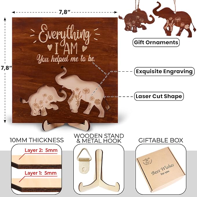 Elephant Wooden Frame Gifts for Mothers Day Mom Mama Elephant Sign Wall Decor Animal Plaque Father's Day Birthday Friendship Family Christmas Gifts for New Mom Nana Grandma from Son, Daughter HF88