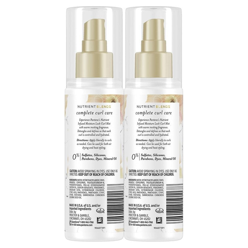Pantene Heat Protectant Spray with Jojoba Oil for Curly Hair, Nutrient Blends Moisture Lock Curl Mist, Sulfate Free, 3.2 fl oz Twin Pack