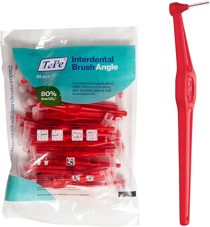 TePe Interdental Brush Angle, Angled Dental Brush for Teeth Cleaning, Pack of 25, 0.5 mm, Extra-Small/Small Gaps, Red, Size 2