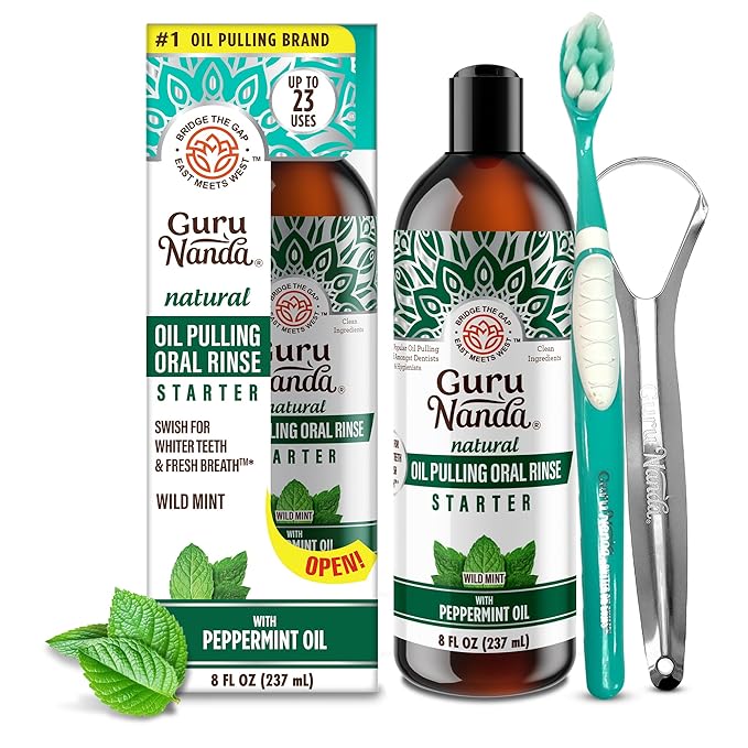 GuruNanda Starter Pulling Oil Mouthwash for Natural Teeth Whitening, Coconut and Peppermint Oil for Fresh Breath & Happy Gums, with Toothbrush & Tongue Scraper, Alcohol-Free, 8 Oz