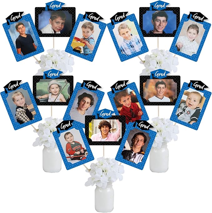 Blue Graduation Party Decoration, Photo Display Centerpiece Kit, 15 Double-Sided Photo Table Topper Sticks, Vertical and Horizontal 4x6 Picture Holders - Blue Grad