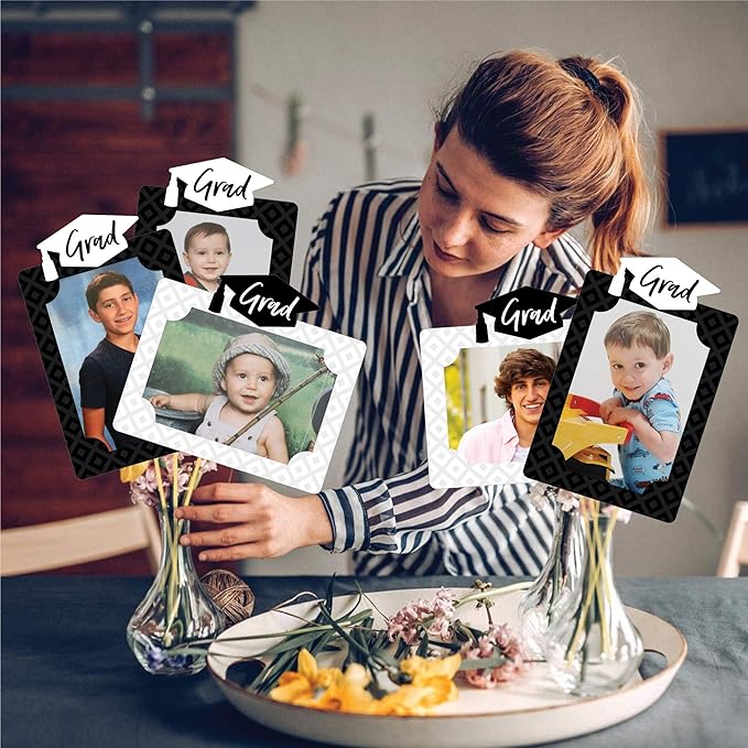 Graduation Photo Display Centerpiece Kit - 15 Double-Sided Photo Table Topper Sticks, Vertical and Horizontal 4x6 Picture Holders, DIY Party Decoration Set - Black and White Grad