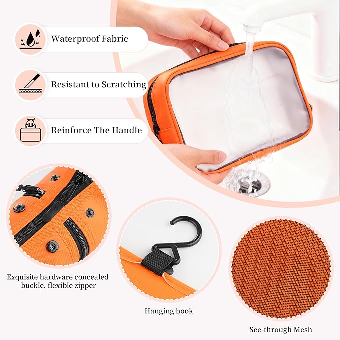 Toncoke Travel Toiletry Bag Set, Hanging Toiletry Bag Premium Faux Leather, Toiletry Bag for Women & Men, Travel Essentials Makeup Bag Water-resistant, Orange