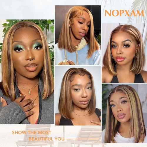 Nopxam Highlight 4/27 Bob Wig Human Hair 13x4 HD Transparent Lace Front Wigs Human Hair 180% Density Short Bob Glueless Straight Wigs Human Hair for Women 16 Inch