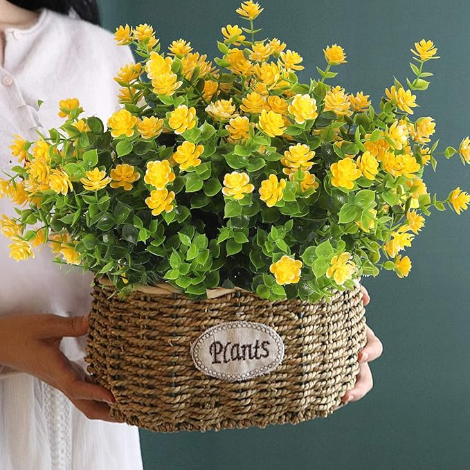 RECUTMS 8 Branches Artificial Flowers Faux Plants, Lifelike UV Resistant Fake Eucalyptus Plants for Garden, Patio Yard, Wedding, Office and Farmhouse Indoor Outdoor Decor (Yellow)