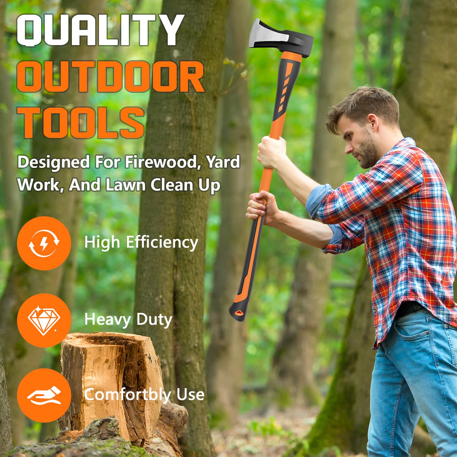Chopping Axe, Hand Axe, Camp Hatchet for Splitting Kindling and Chopping Branches, Wood Chopping Axe 6.8 lb with 36-in Fiberglass Handle (L)