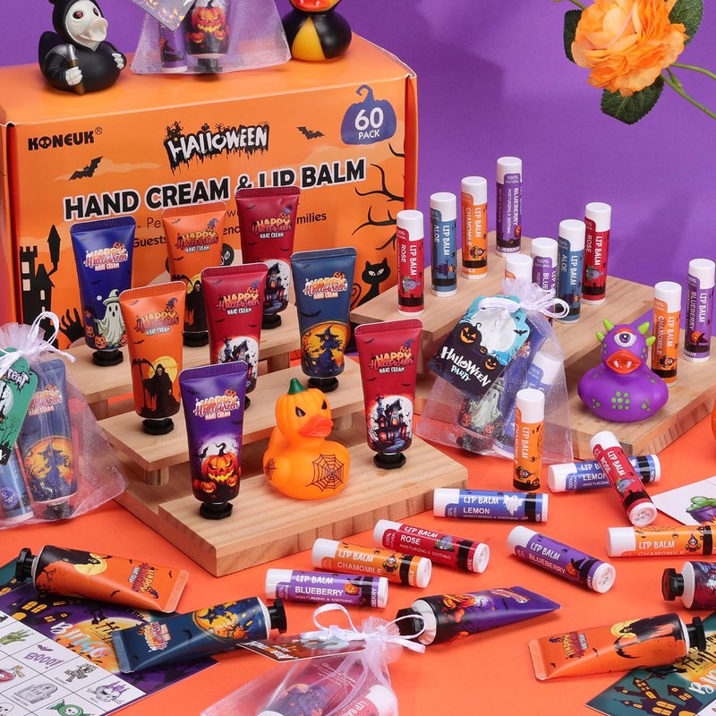 60 Pack Halloween Hand Cream and Lip Balm Set for Women, Bulk Hand Lotion for Halloween Gifts, Halloween Party Favors, Party Supplies, Decorations, Goodie Bags with Halloween Card and Organza Bags