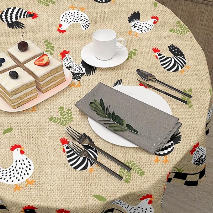 Rooster Round Tablecloth 60 Inch Chicken Farmhouse Circle Table Cloth Rustic Vintage Table Cover Washable Polyester Decorations for Holiday Home Kitchen Dinning Party