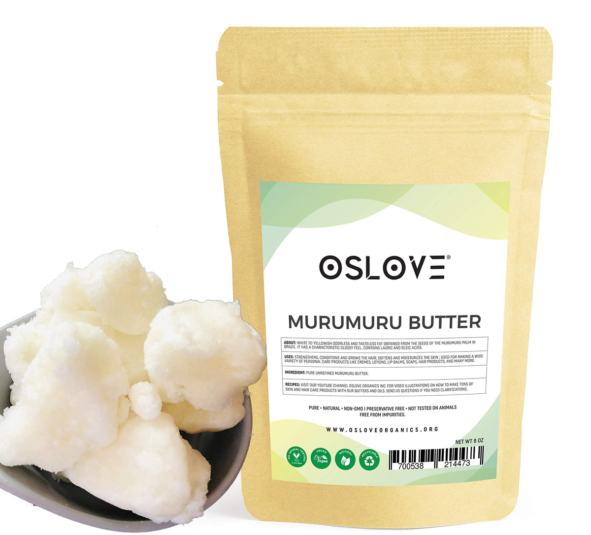 Oslove Organics Pure, Natural and Unrefined Murumuru Butter - Soft silky butter for lotions, whipped body butters/souffles, lip balms, salves | 8oz