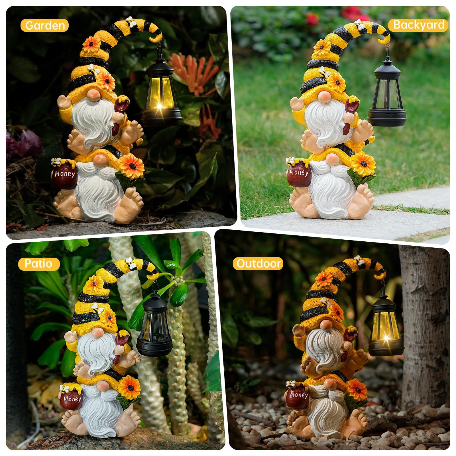 QZZP Solar Bee Garden Gnomes with LED Lantern, 12.2-Inch Outdoor Statue