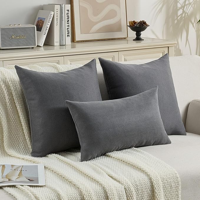 FUTEI Dark Grey Chenille Throw Pillow Covers 24x24 Inch Set of 2,Soft Wide Chevron Textured European Pillow Shams,Farmhouse Home Decor for Couch Bed Living Room
